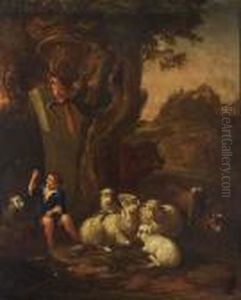 Young Shepherd With His Herd And A Macaw Resting Near A Tree In An Arcadian Landscape