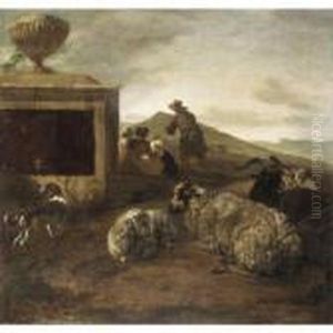 A Southern Landscape With Shepherds And Their Flock Beside A Tomb by Jan Baptist Weenix