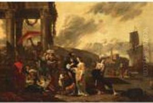 A Mediterranean Harbour Scene With Elegant Figures In The Foreground, A Village Beyond by Jan Baptist Weenix