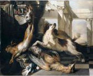 Still Life Of A Spaniel Guarding
A Bittern, Partridge, Hare And A Pigeon, Together With Hunting
Equipment, Arranged Within A Classical Setting by Jan Baptist Weenix