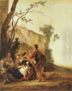 A Shepherd Conversing With A Peasant Family Seated By A Tree by Jan Baptist Weenix