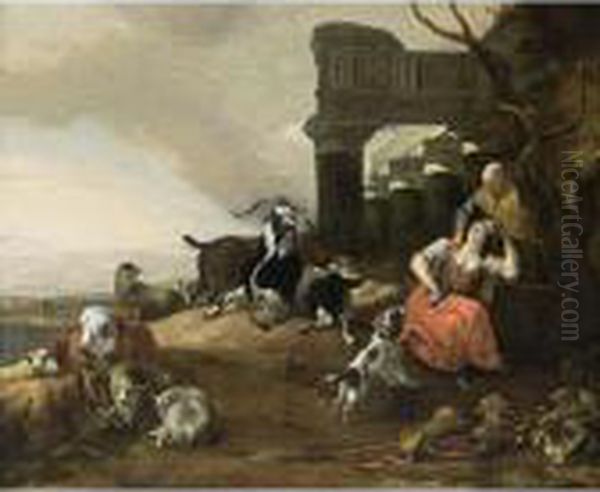 An Italianate Landscape With A
Shepherd Couple Resting With Their Cattle And A Dog Near Roman Ruins by Jan Baptist Weenix