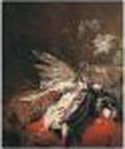 Still Life Of A Brace Of
Red-legged Partridge And A Woodcock, Together With An Upturned Wine
Glass, A Silver Gilt Bowl And Vine Leaves, All Set Upon A Red Velvet
Cushion by Jan Baptist Weenix