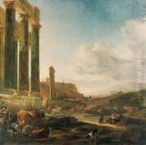 An Italianate Landscape With A 
Ruined Doric Colonnade, A Herdsmanwith Cattle And Sheep At Rest, 
Horsemen And Figures Beyond by Jan Baptist Weenix