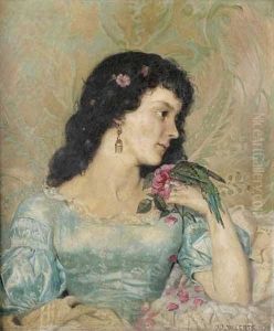 Portrait De Jeune Fille A La Robe Bleue, Tenant Une Portrait De Jeune Fille A La Robe Bleue, Tenant Une