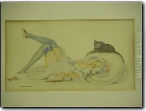 Reclining Semi Nude Woman With Cat On Large Cushion - view 1