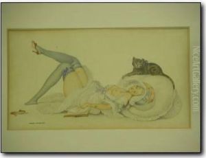 Reclining Semi Nude Woman With Cat On Large Cushion