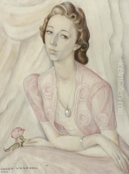 Portrait Of A Lady In A Pink Dress, Holding A Red Rose - view 1
