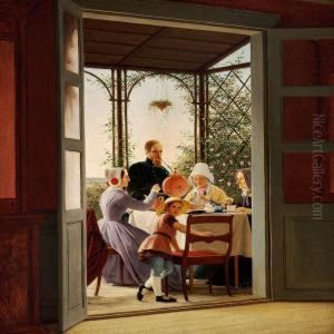 The Artist's Family Is Drinking 
Tea On The Veranda, "sophiehoj" Near Gisselfeldt, Sealand by Theodor Gustav Wegener