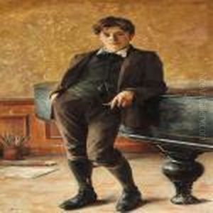 Portrait Of Ivar Rosenberg Standing Next To A Piano, On The Floor A Jar With Brushes by Bertha Wegmann