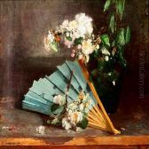 A Blue Fan At A Greenjug With Flowering Apple Branches A Blue Fan At A Greenjug With Flowering Apple Branches