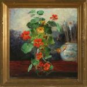 Still Life Withflowers In A Vase And Paintbrushes In A Jar