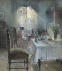 Interior Med Kvinde Som Syr (woman Sewing In An Interior) by Bertha Wegmann