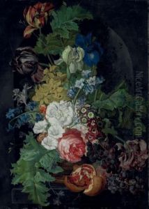 Tulips, Irises, Morning Glories 
And Other Flowers In An Urn, With Grapes And A Pomegranate, In A Stone 
Niche
