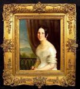 A Portrait Of A Young Lady Holding A Pink Rose by Josef Weidner