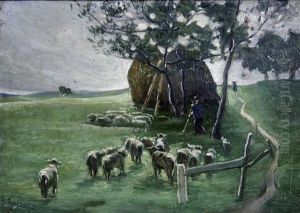 Shepherd And Flock Beside A Haystack by Edvard Weie