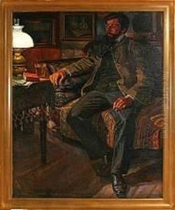 Portraet Af Maleren Marius Hammann I Interior Med Lampelys