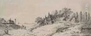 Peasants Walking By Thatched Cottages By The Sea by Franz Edmund Weirotter