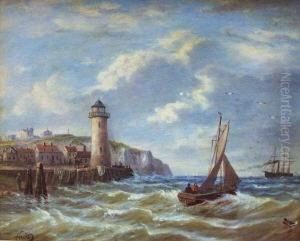 Segelschiffe Vor Kustenlandschaft Mit Haus- Und Figurenstaffage by Johann Baptist Weiss