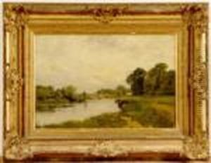 River Landscape Scene With Bridge