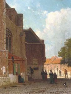 Villagers On A Street By A Church by Jan Weissenbruch