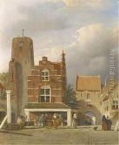 De Markt Te Woudrichem Met De Hoftoren by Jan Weissenbruch