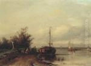 Figures Resting On A Riverbank By A Moored Sailing Vessel