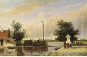 A River Landscape With Boats And Figures On A Quay