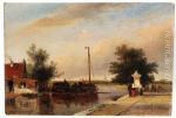 Moored Boats With Figures Strolling Along A Quay - view 1