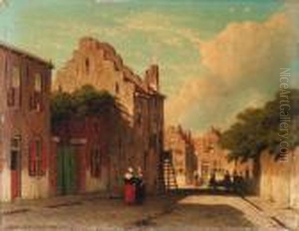 A Sunlit Townview With Figures Conversing - view 1