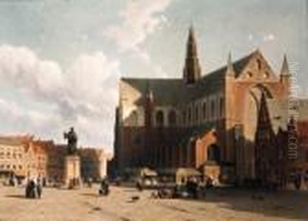 View Of The Grote Markt,
Haarlem, With Numerous Townsfolk Strollingalong The Statue Of Laurens
Jansz. Coster In Front Of The St.bavo - view 1