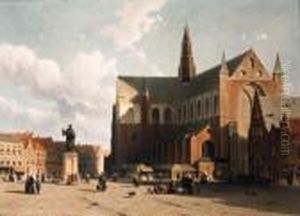 View Of The Grote Markt, 
Haarlem, With Numerous Townsfolk Strollingalong The Statue Of Laurens 
Jansz. Coster In Front Of The St.bavo by Jan Weissenbruch