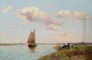 Extensive River Landscape With 
Sailing Boats And Cattle In The Foreground, A Town On The Horizon by Willem Johannes Weissenbruch