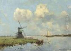 A Sunlit Polder Landscape With Sailing Barges by Willem Johannes Weissenbruch