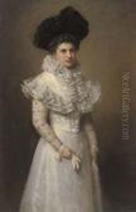 Portrait Of A Lady, Three-quarter-length, In A White Dress And Black Hat