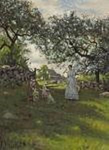 A Mother And Her Children In A Spring Landscape by Thaddeus Welch