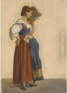 An Italian Woman In Local Costume In Profile To The Right by Theodor Leopold Weller