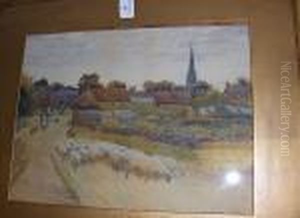 Kings Sutton, With Shepherd And Sheep To The Foreground - view 1