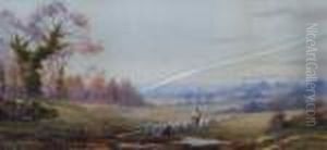 Shepherd And His Flock On A Country Lane; Watercolour, Signed, 19x53cm