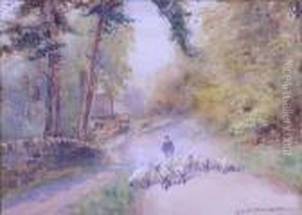 S. Sanderson-wells, Drover With Sheep Ona Farm Lane - view 1