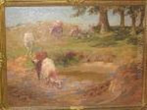 Cattle Watering In A Meadow by John Sanderson Wells