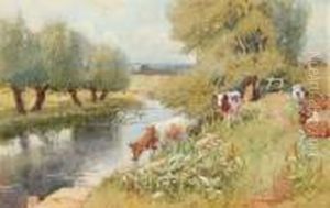 Cattle Watering By A Stream by John Sanderson Wells