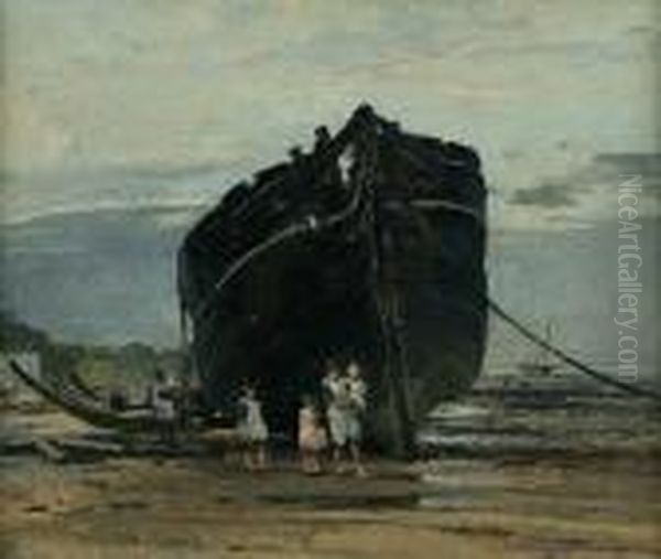 Children By A Boat, Low Tide - view 1