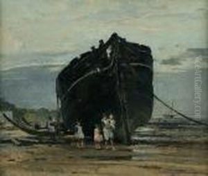 Children By A Boat, Low Tide by William Page Atkinson Wells