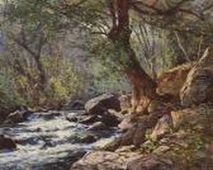 A Tranquil Stream In A Forest Interior by William Wendt