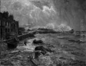Sturm An Der Kuste. Signiert 
Unten Links: Albert Wenk Munchen. Ol Auf Leinwand. H 130; B 160 Cm. by Albert Wenk