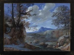 An Extensive Rocky Landscape 
With Martha Overcoming The Dragon,lazarus Washing His Feet In A Stream 
In The Foreground
