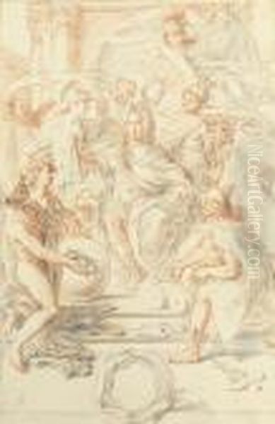 Le Couronnement D'un Roi, 
Probablement Jean V De Portugal, Par Minerve, Entoure De Mercure, La 
Renommee Et D'autres Figures - view 1