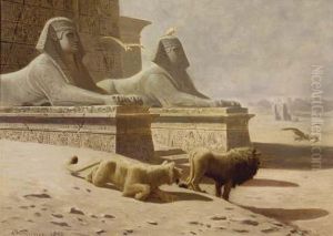 Lions Guarding An Egyptian Tomb by Gustav Wertheimer