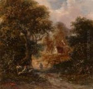 Figures Resting By A Path, A Cottage Beyond; Figures By A Stream. Figures Resting By A Path, A Cottage Beyond; Figures By A Stream.